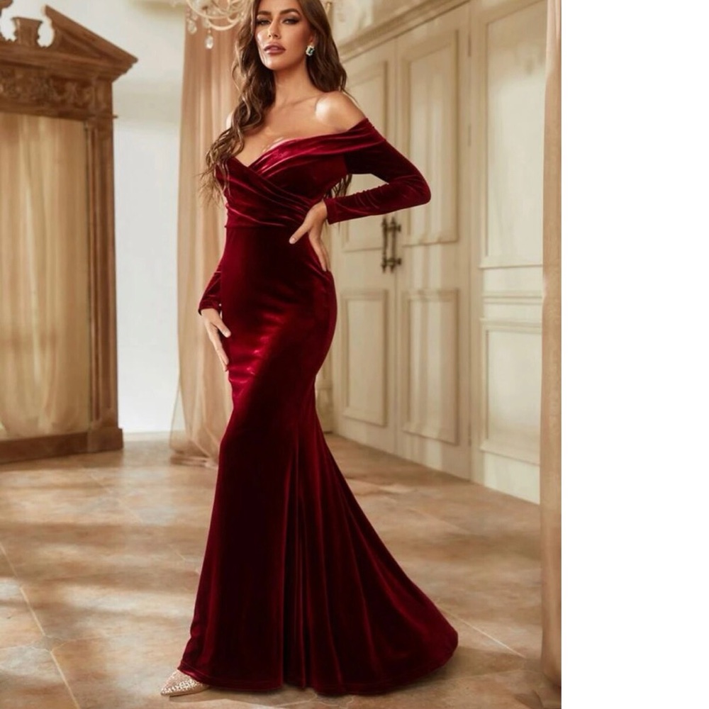 Party evening dress gown velvet long maxi off shoulder sexy burgundy red